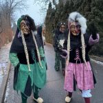 Fasnetsfiguren in traditionellen Gewändern mit Zöpfen und farbigen Häsern gehen einen winterlichen Weg entlang.