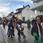 Traditionelle Fasnetsfiguren mit Holzmasken und farbigen Kostümen laufen während eines Umzugs eine Wohnstraße entlang.
